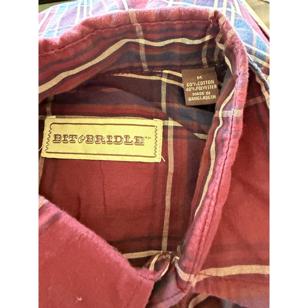 Bit & Bridle Western Pearl Snap Shirt Mens Medium Burgundy Plaid Cowboy Rodeo - Picture 7 of 8